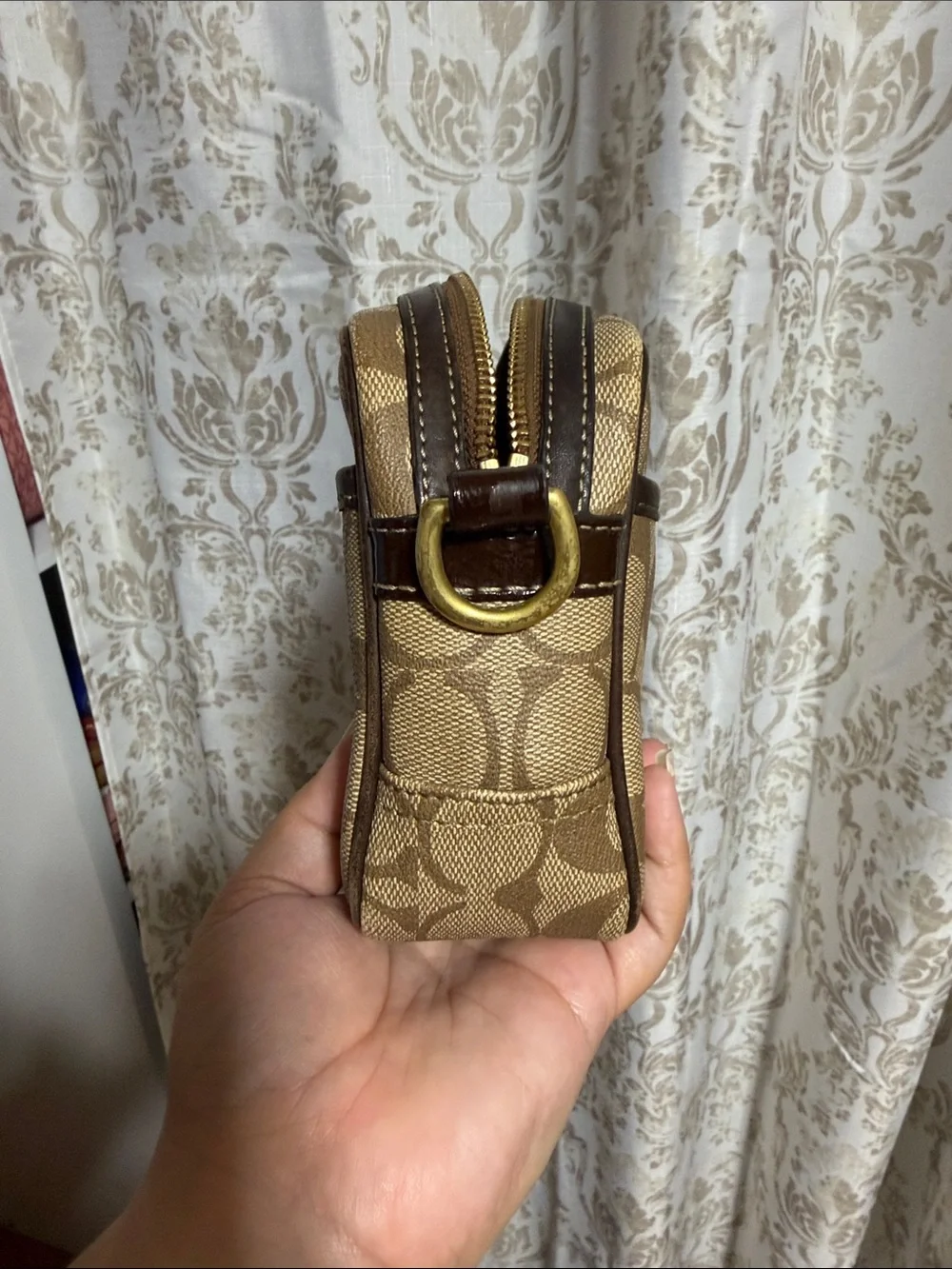 Coach Khaki/Chestnut Signature Canvas Messenger Bag with Red Logo